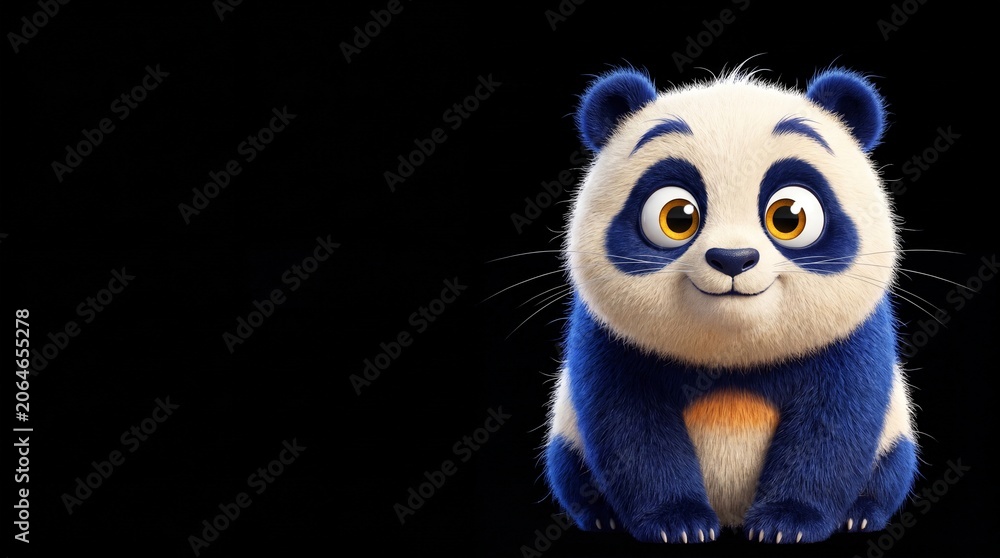 Fototapeta premium Cute blue panda cartoon character sitting smiling on black background. Funny fluffy animal mascot illustration for kids games, creative design, and web banner with banner copy space.