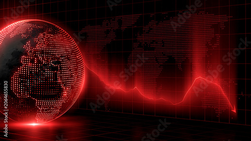 red digital globe with heartbeat pulse line on dark background showing global technology network data cyber concept and world crisis