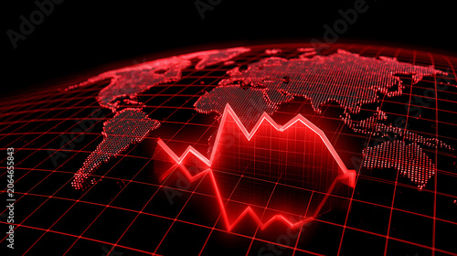 red digital globe with heartbeat pulse line on dark background showing global technology network data cyber concept and world crisis