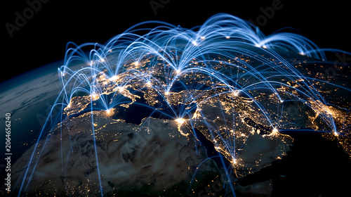 digital earth globe from space with glowing network connection lines showing global communication internet data transfer and technology concept