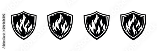Set of four black and white shield emblems with stylized flames inside