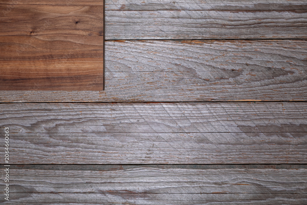 Fototapeta premium Dark Wooden Cutting Board on Rustic Gray Table, Top View Flat Lay, Surface for Creative Project Background 