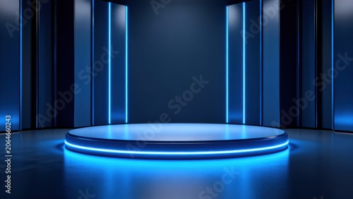 Blue neon illuminated circular stage
