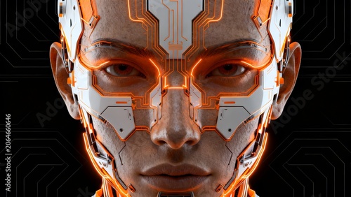 Cyborg face with glowing orange circuits