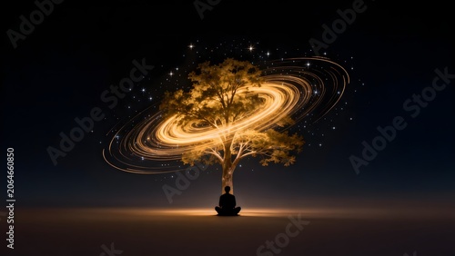 Person meditating under glowing tree