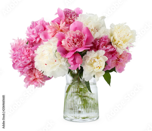 Bouquet of colorful peonies with green leaves isolated on white