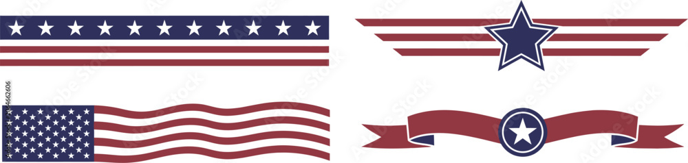 Obraz premium USA patriotic ribbon banner and border vector set with American flag stars stripes dividers and headers illustration