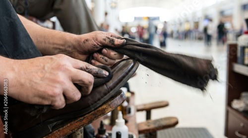 Shoe shiner rapidly polishing a brown leather dress shoe using a dark cloth