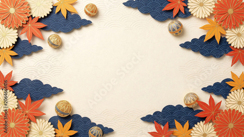 Golden Elegant Japanese Autumn Momiji Chrysanthemum Kirigami Paper Craft Background with Harmony Cream Washi Center Space Perfect for Seasonal Greeting Cards Banner and Holiday Advertising