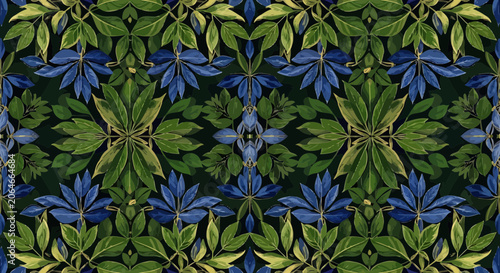 Symmetrical Floral Pattern with Blue and Green Leaves on Dark Background