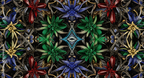 Symmetrical Floral Pattern with Exotic Flowers and Ornate Details on Black Background
