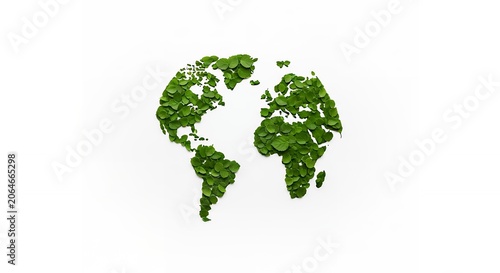 World map shape created with green leaves on a isolated white background