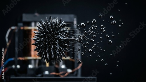 Ferrofluid spikes and droplets forming a spiky sphere against a dark background