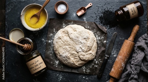 Raw bread dough with honey, black seeds, and salt on slate surface