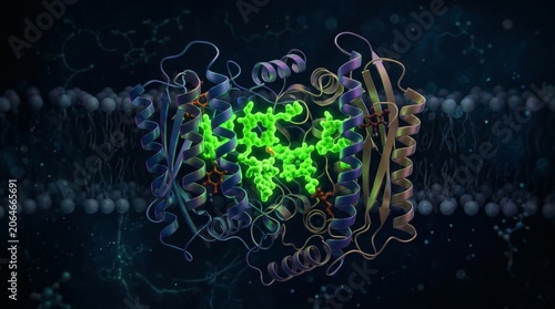 Protein embedded in cell membrane with glowing green molecules
