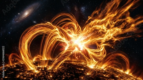 Solar flare erupting from the suns surface with magnetic loops in deep space