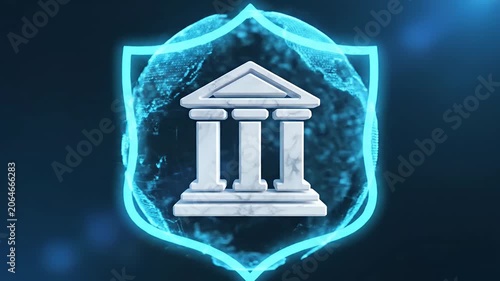 Classical bank icon inside digital global network sphere.