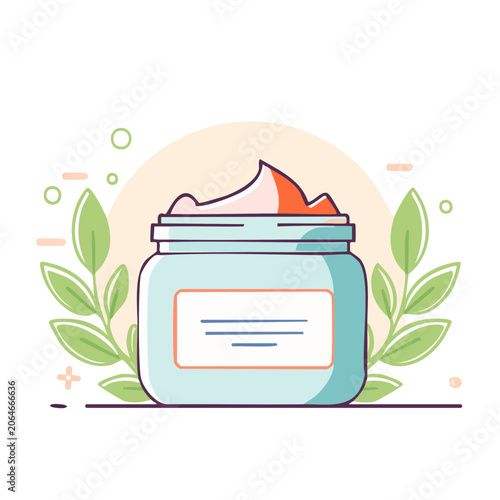 Flat design cosmetic jar with cream and leaves