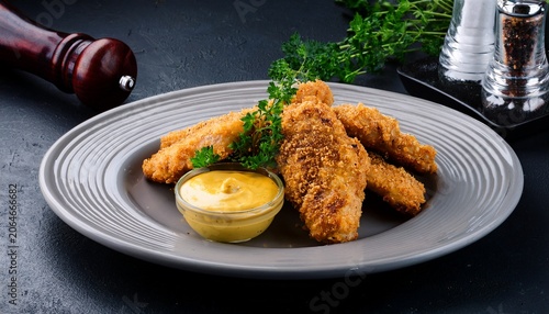 delicious grilled chicken tenders with honey mustard sauce garnished with herbs