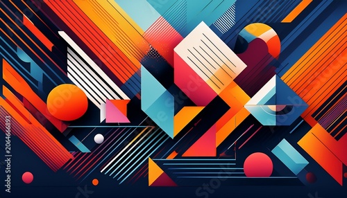 abstract geometric composition featuring bold colors and shapes