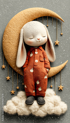 Cute sleeping bunny character on fluffy cloud with crescent moon. Kids nursery room poster design with copy space