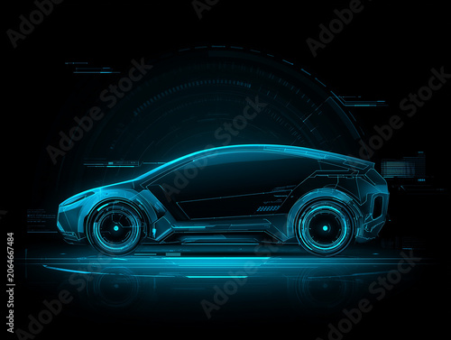Futuristic electric car hologram with digital hud interface. Cyberpunk automotive technology design with copy space.