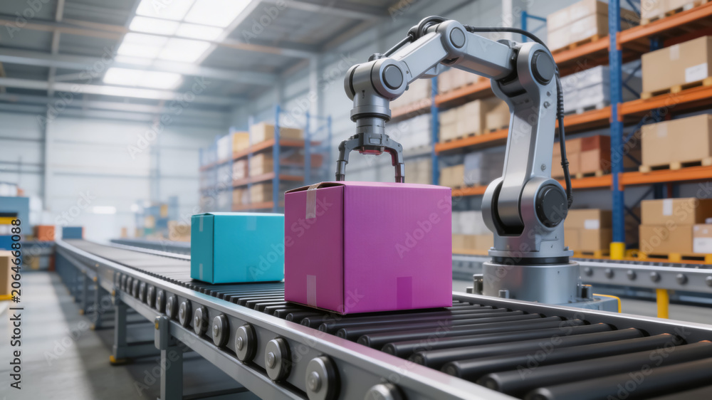 Fototapeta premium Robotic arm sorting boxes on conveyor in warehouse automation facility