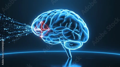 Holographic brain with red target for neurosurgery visualization.