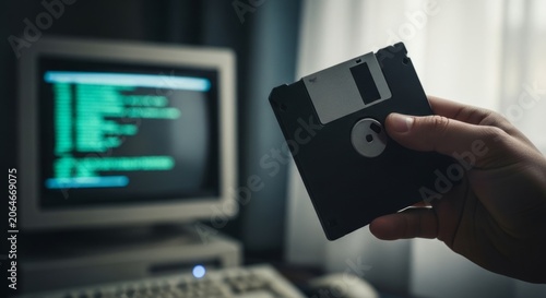Tapety artystyczne Hand holding floppy disk near vintage computer screen with glowing code, representing early computing and data storage
