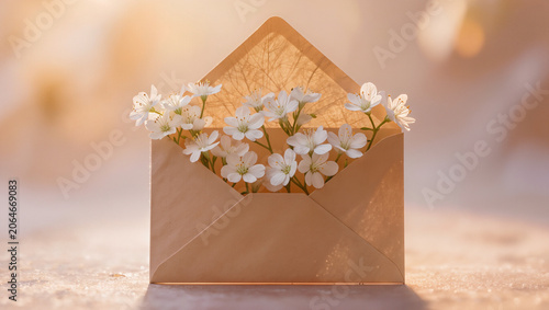 Open Kraft Envelope with White Flowers on a Warm Bokeh Background