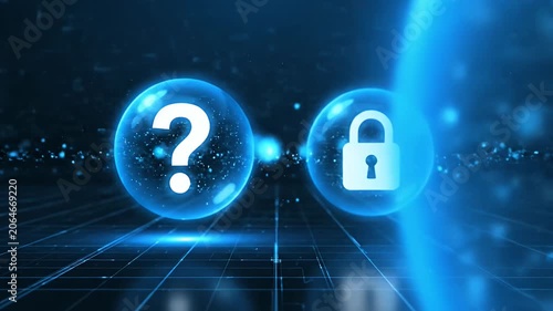 Question mark and padlock icons on digital grid.