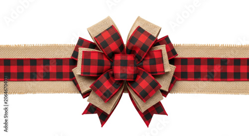 large rustic christmas bow made of textured burlap and red buffalo plaid ribbon, arranged horizontally as a border, isolated on a transparent background with copy space. concept for holiday graphic
