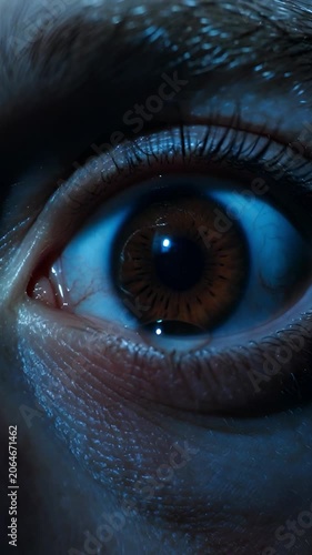 Macro of bloodshot eye at night. Insomnia and tiredness concept.