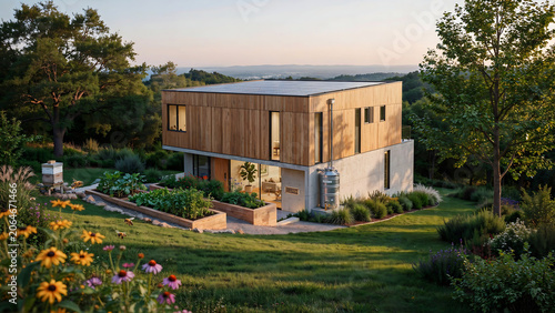 Modern Eco-Friendly Home with Solar Panels and Organic Garden in Lush Landscape at Golden Hour