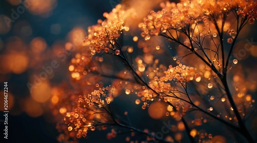 Macro shot of glowing orange spheres on dark branches. Abstract nature background with warm amber light and bokeh. Luminous autumn forest concept