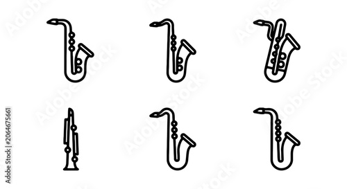 Photography Saxophone and Clarinet Icons, Musical Instrument Line Art Set, Jazz and Orchestr