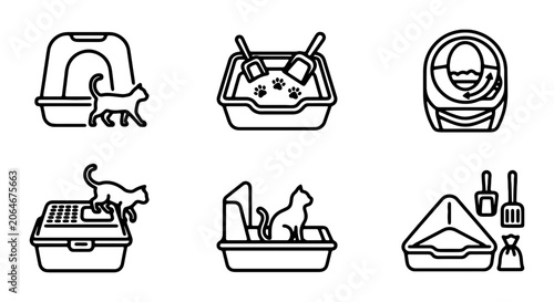 Cat Litter Box Icons, Pet Care Line Art, Animal Hygiene Vector Set