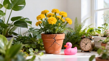 Indoor plants with yellow flowers and pink duck