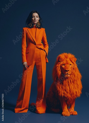 High fashion portrait of a woman in a vibrant orange pantsuit standing next to a matching orange lion. Surreal studio concept against a dark blue background