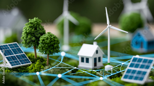 Rural renewable energy orchestration miniature scene with solar panels, wind turbines and a smart grid routing layer, clean energy concept, with copy space