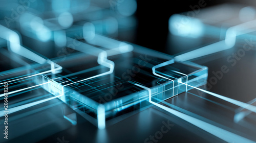 Transparent glass data gateway with glowing light paths on a dark technology background, secure workflow routing and digital approval concept, with copy space