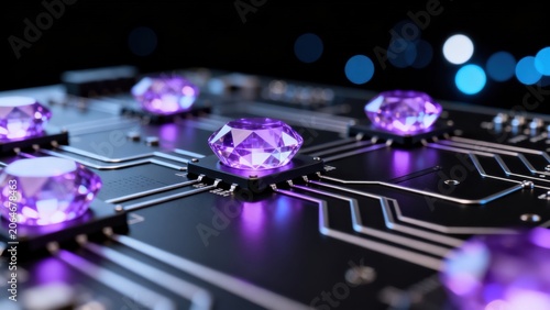 Circuit board with glowing purple gems
