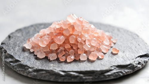 Pink salt crystals on stone plate