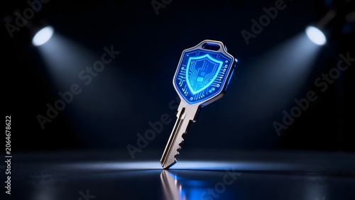 Key with glowing shield design