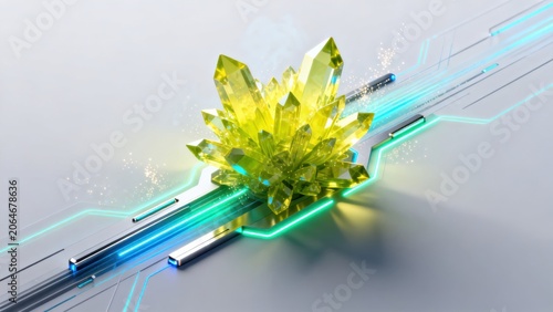 Yellow crystal cluster on futuristic circuit