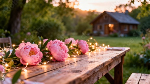 Wooden table with pink flowers and lights