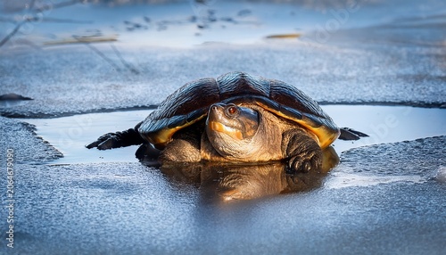 large snapping turtle under ice in pond wisconsin