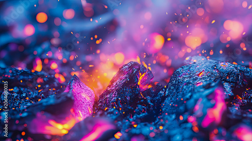 Macro view of glowing hot charcoal embers with vibrant blue and magenta neon lighting, cinematic spark particles rising from burning rocks in dark abstract fiery background