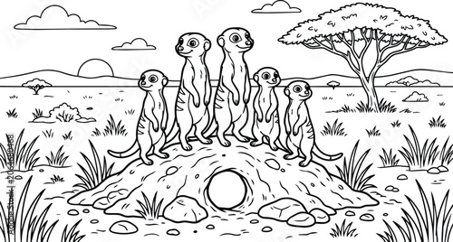 Meerkats gathered on a mound in a savanna landscape at horizon