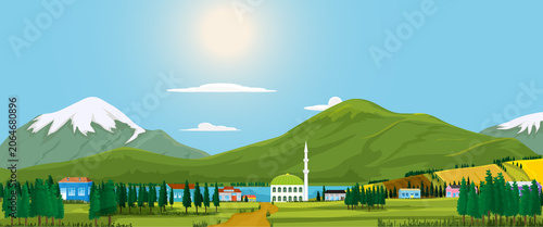 Village landscape with a mosque